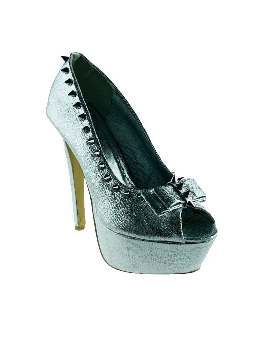 Herstyle Metallic Silver Peep Toe Platform Heels With Studded Bow Accents